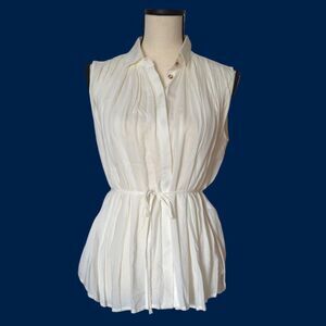Armani Exchange AX Cream Sleeveless Button Front XS Pleated Waist Top Blouse
